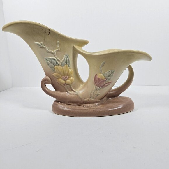 Vintage Hull Art Pottery MCM Magnolia Double Cornucopia Vase Pink & Yellow 6-12 - Picture 7 of 9